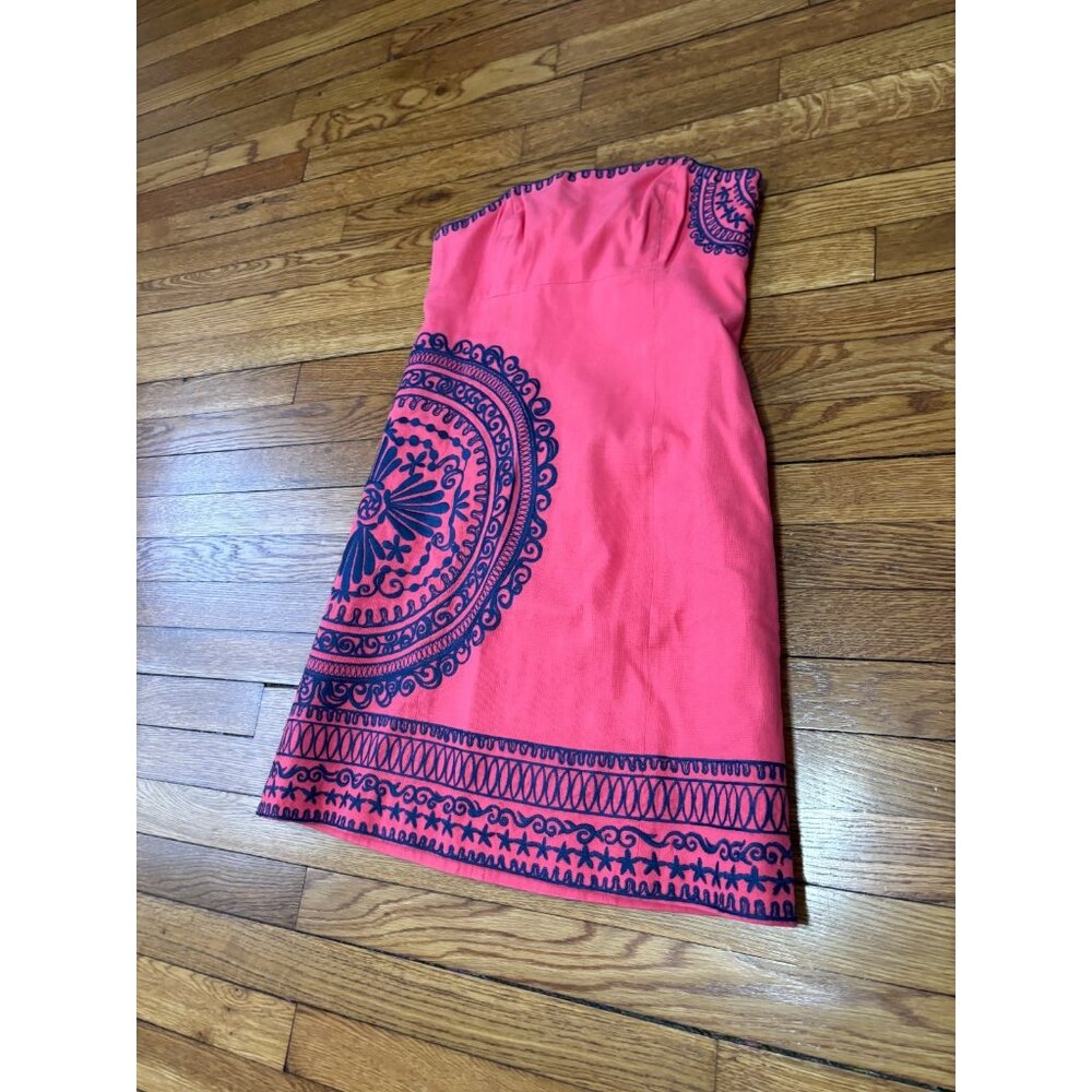 Lily Pulitzer Womens Strapless Shift Dress Size 6 Pink w/ Blue Embroidery Cotton - Picture 3 of 6